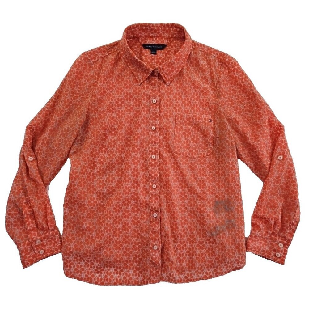 Tommy Hilfiger Sheer Floral Blouse‎ Top Women's Large Orange Daisy LS BU EUC LN